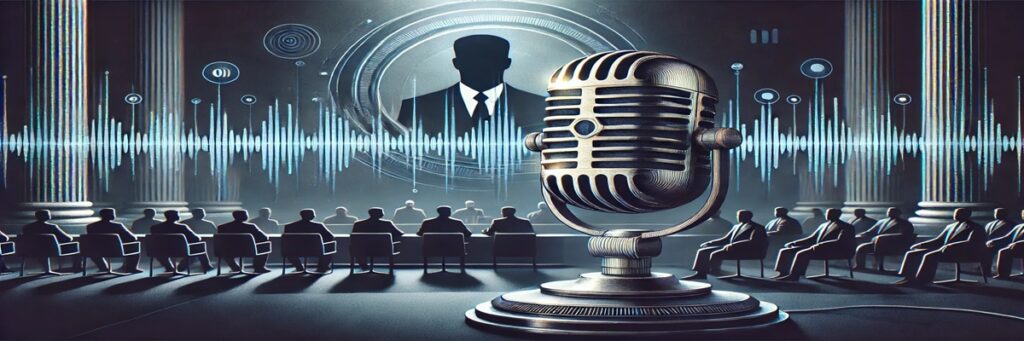 Vintage microphone in a dimly lit radio studio with an illuminated "ON AIR" sign, evoking the legacy of classic radio broadcasting.