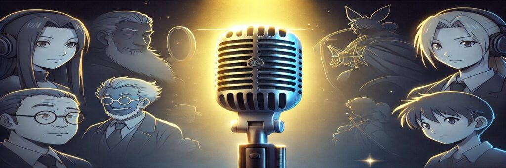 Tribute image with a softly lit studio microphone and subtle character silhouettes, honoring James Carter Cathcart’s legacy as a Pokémon voice actor.