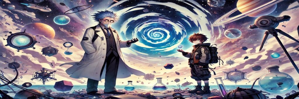 Anime-style Rick and Morty in a cosmic alien world with portals, reflecting the show’s surreal and reimagined tone