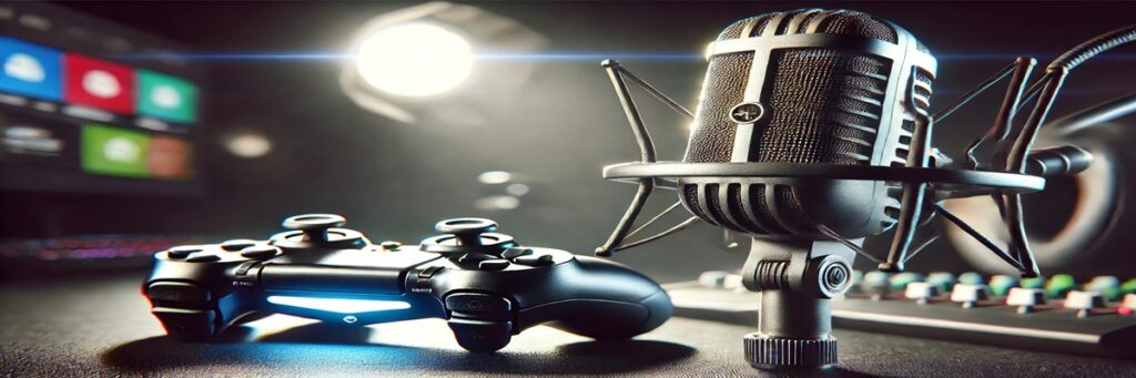 Union microphone on stand in front of blurred gaming screen, symbolizing SAG-AFTRA’s voice actor deal in the gaming industry.