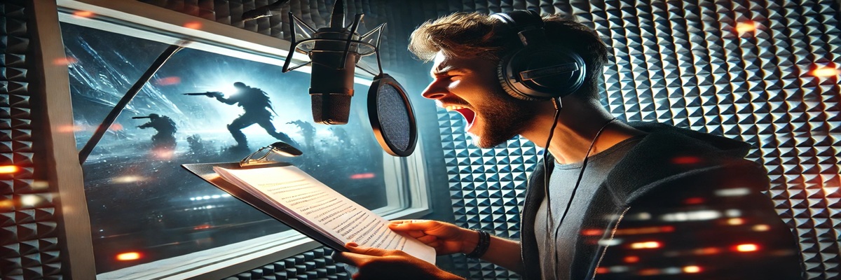 Voice actor in a recording booth mid-shout, with dim lighting and gaming visuals in the background, symbolizing high-intensity vocal work.