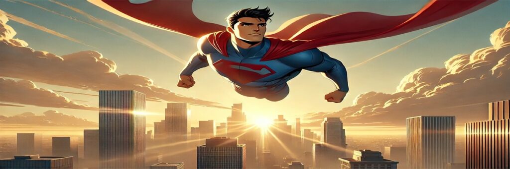 Stylized image of animated Superman mid-flight with warm lighting, symbolizing Tim Daly’s iconic voice legacy.