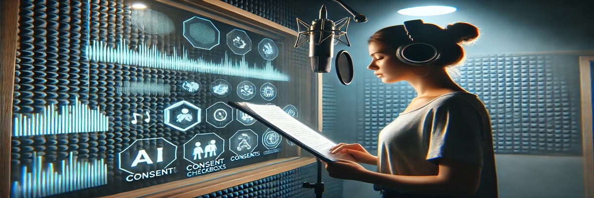 Voice actor in a sound booth, microphone lit, with an AI interface projected in the background, symbolizing new protections in game development.