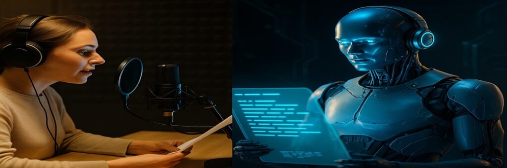 A human voice actor in a recording booth facing a robotic AI narrator on a screen, symbolizing the tension in audiobook narration.