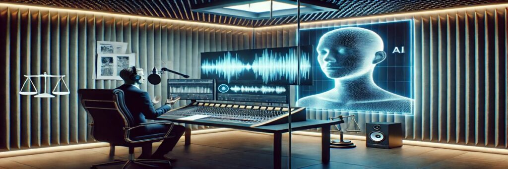 A professional voice actor in a studio facing a screen with a waveform shaped like a human silhouette, symbolizing AI voice cloning conflict.