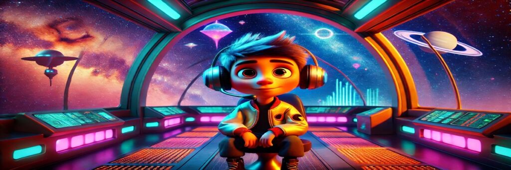 Animated boy in a spaceship with headset, surrounded by glowing alien symbols and planets in a Pixar-style setting