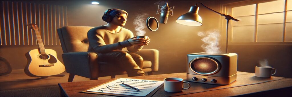 Concerned voice actor looking at script in a studio, hand near throat, suggesting vocal strain or early signs of fatigue.