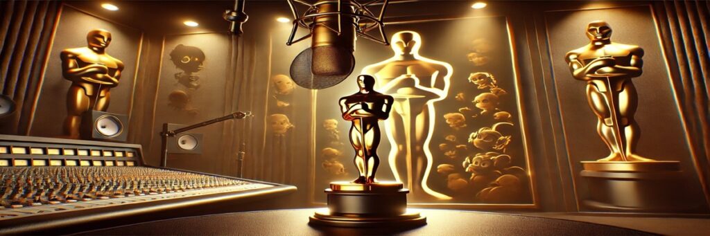 Oscar statuette in a voiceover booth with animated characters in the background behind studio glass