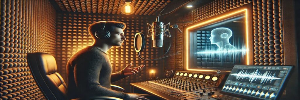 Illustration of a voice actor recording in a studio while a glowing AI interface replicates their voice in real time, symbolizing tension between human and machine.