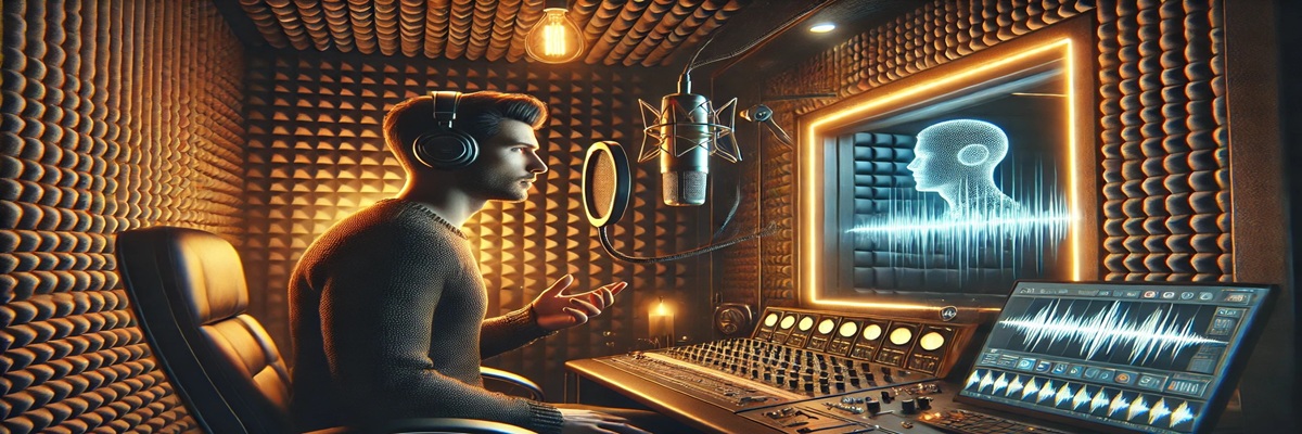 Illustration of a voice actor recording in a studio while a glowing AI interface replicates their voice in real time, symbolizing tension between human and machine.