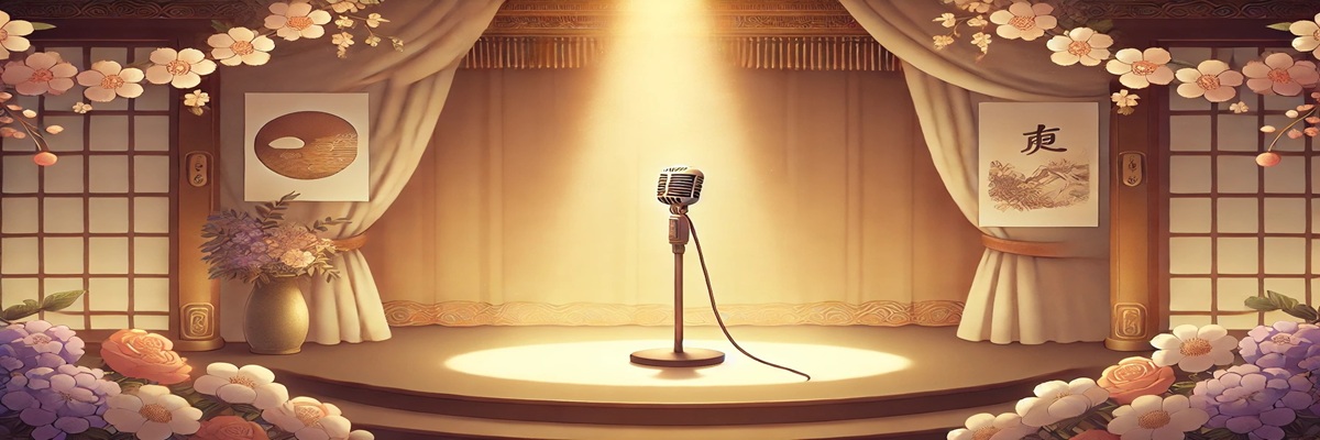 Illustration of a Japanese voice actress on stage under soft light, symbolizing her career and lasting influence, with a microphone and warm background tones.