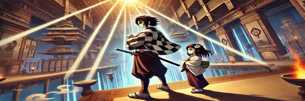 Illustration of Demon Slayer characters standing in the surreal Infinity Castle setting, with dramatic lighting and intense expressions, representing the voice cast’s performances.