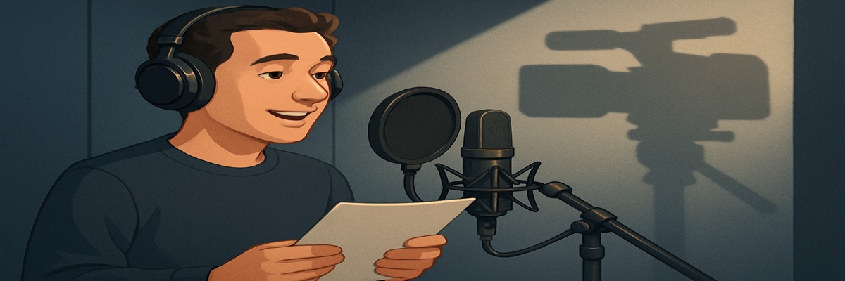 Actor speaking into a studio microphone in a soundproof booth, symbolizing the shift from on-camera to voice acting.