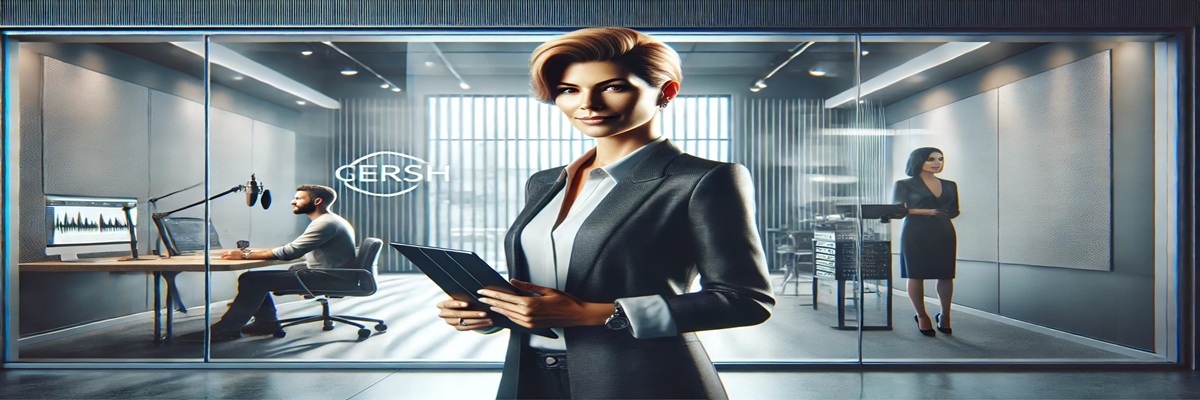 An illustration of a confident voice actor at a studio microphone with soundproof walls, script pages, and monitors, representing professional voiceover work