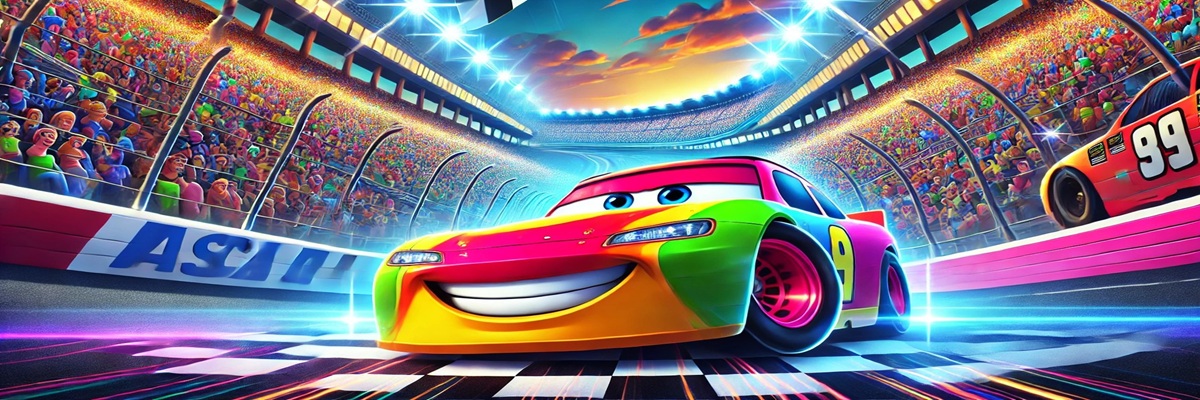 Illustration of a race track scene with cheering fans and a classic animated-style car in the foreground, symbolizing Humpy Wheeler’s NASCAR and Cars legacy.