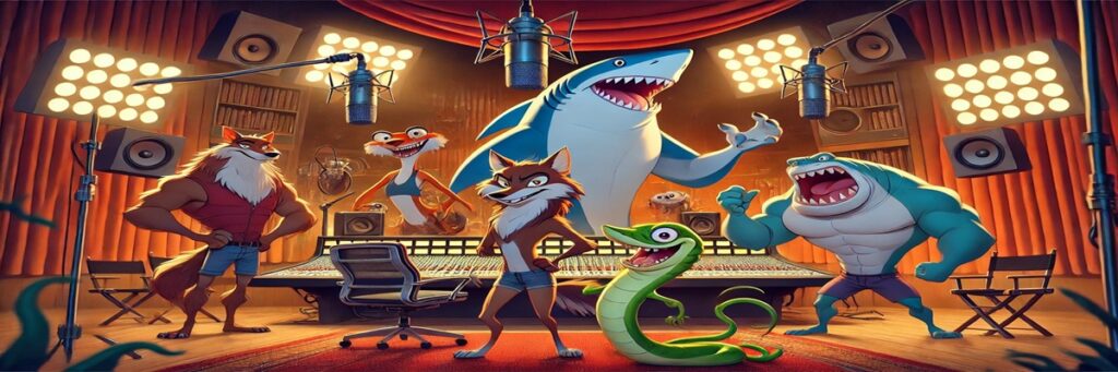 Illustration of animated animal characters in a recording studio, with voice actors in booths bringing them to life through expressive performances.