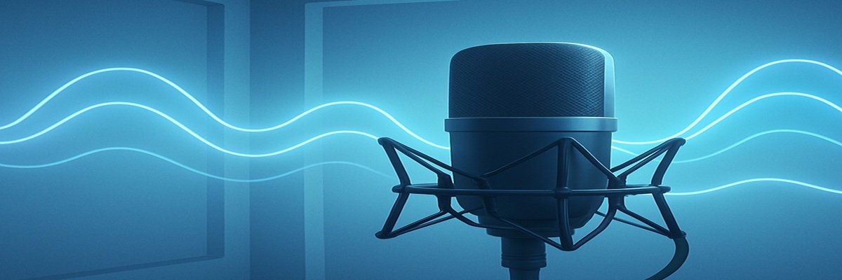 Modern home voiceover setup with microphone and subtle digital sound wave graphics showing AI noise reduction
