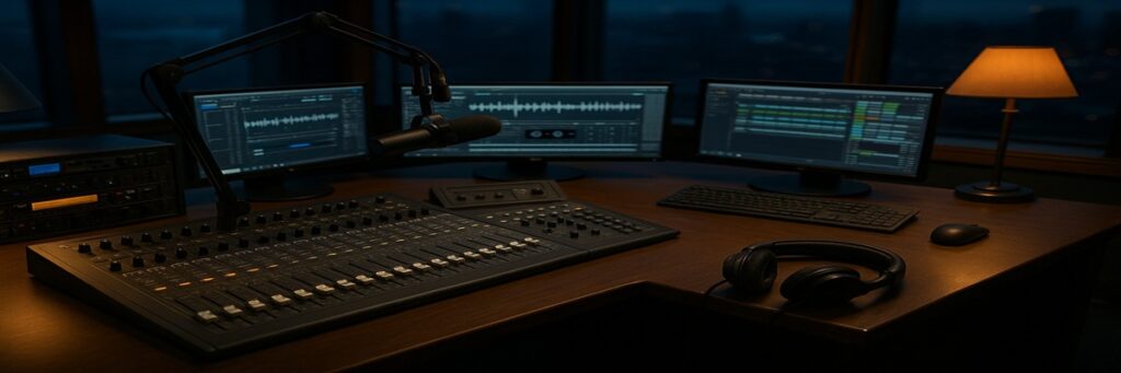 Illustration of a modern radio station control room with futuristic AI elements subtly integrated, symbolizing the blend of technology and broadcasting.