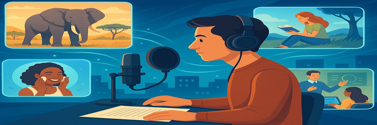 Illustration of a storyteller narrating to a diverse global audience, symbolizing the many forms of narration voiceover across media and cultures.