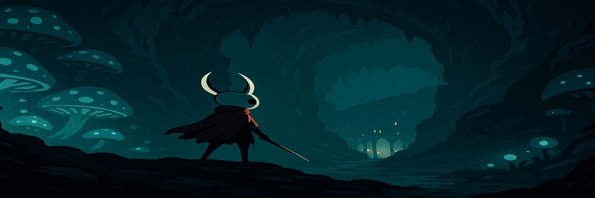 Stylized digital art of a mysterious insectoid figure standing in a dimly lit cavern, with faint echoes of a village in the distance, symbolizing Silksong’s world and indie collaboration.