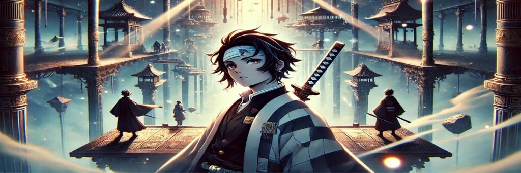 Illustration of Demon Slayer’s main heroes in Infinity Castle setting, highlighting English and Japanese voice cast and the anime’s full journey