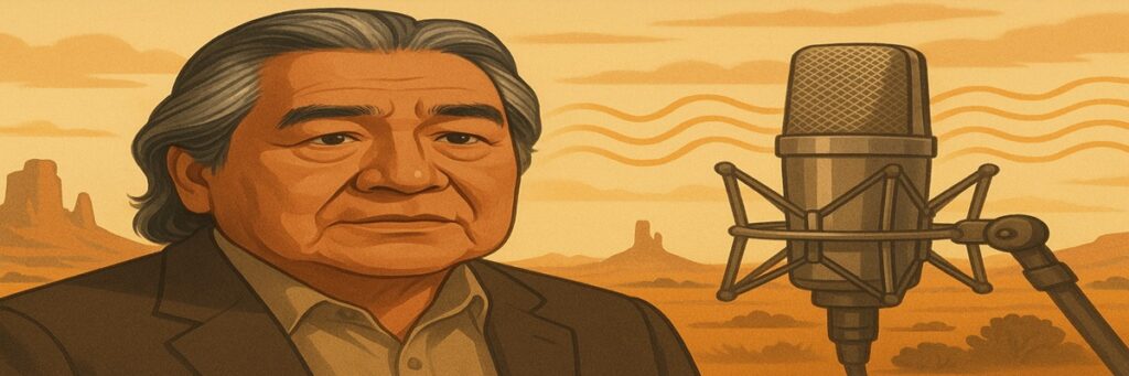 Portrait-style illustration of Graham Greene with a backdrop blending a Western landscape and a recording microphone, symbolizing his film and voice acting legacy.