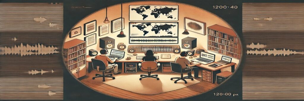 Illustration of a bustling creative office with diverse professionals collaborating on audio and media projects, symbolizing modern voiceover production.