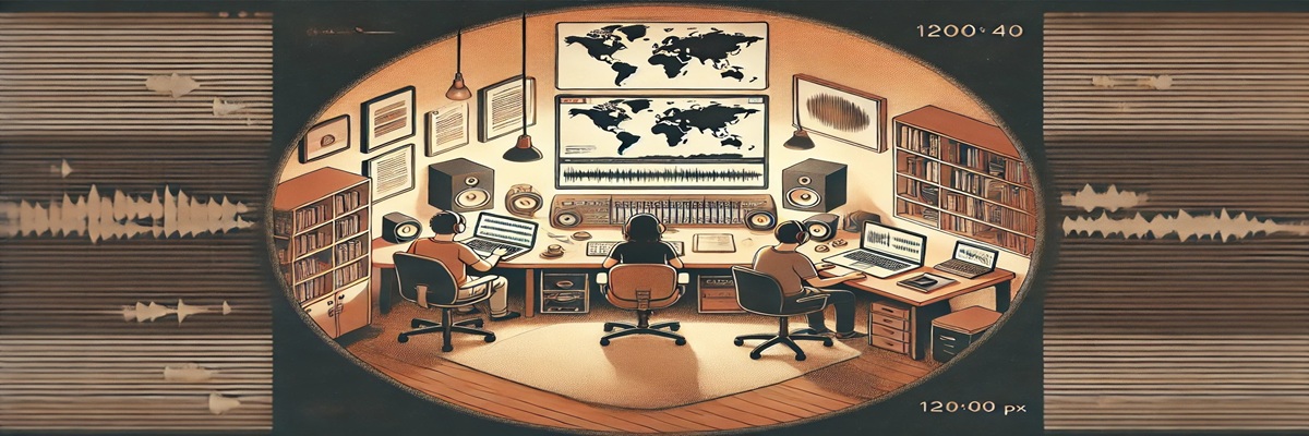 Illustration of a bustling creative office with diverse professionals collaborating on audio and media projects, symbolizing modern voiceover production.