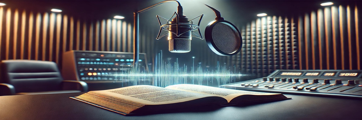 Illustration of a microphone and AI interface symbolizing voice acting and interactive storytelling in the digital era