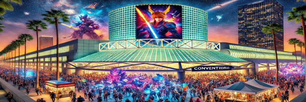 Colorful night scene of Los Angeles Convention Center bustling with cosplayers and glowing banners during L.A.