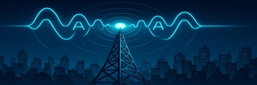 Conceptual illustration of a glowing AI soundwave replacing a classic radio microphone, symbolizing the shift from human imaging voiceovers to AI