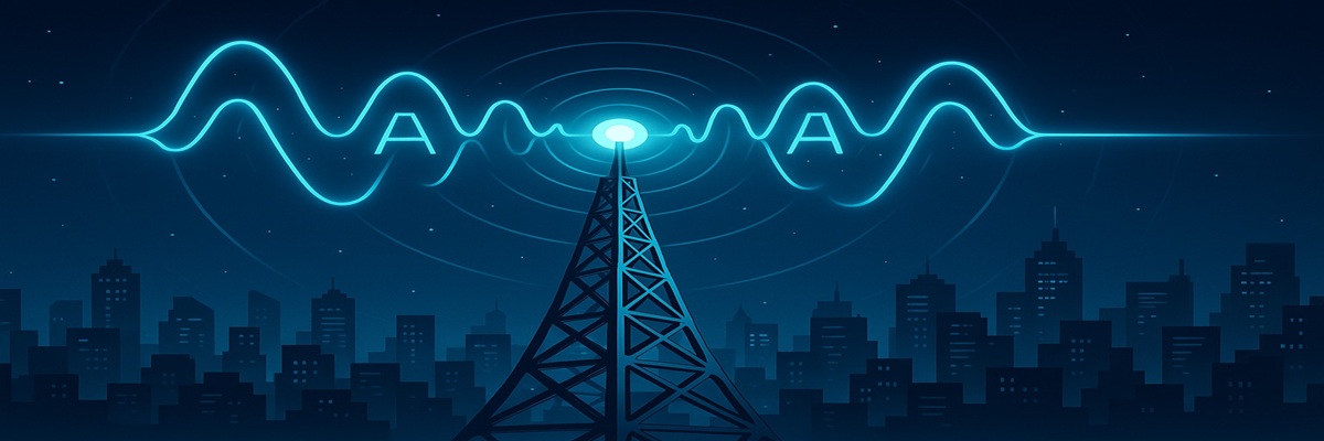Conceptual illustration of a glowing AI soundwave replacing a classic radio microphone, symbolizing the shift from human imaging voiceovers to AI
