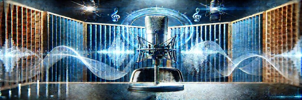 A modern recording booth with subtle digital elements symbolizing voice cloning safeguards