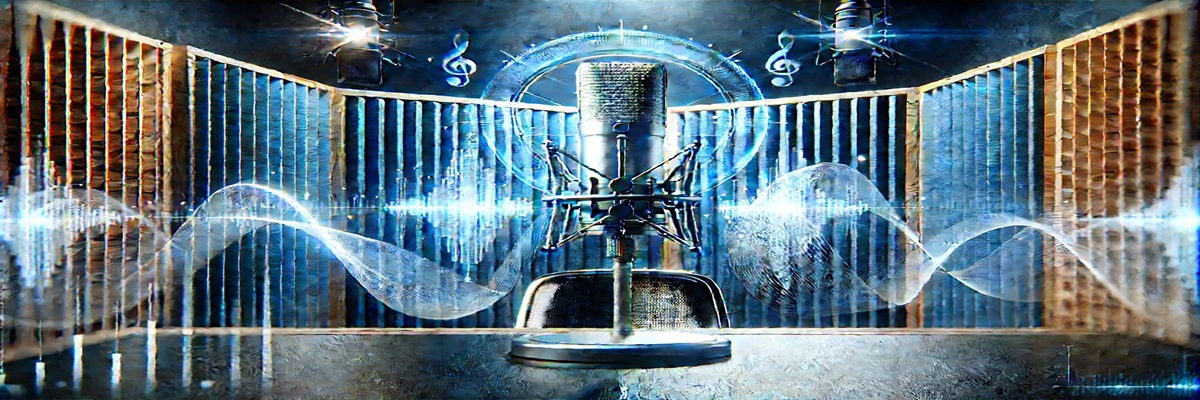 A modern recording booth with subtle digital elements symbolizing voice cloning safeguards