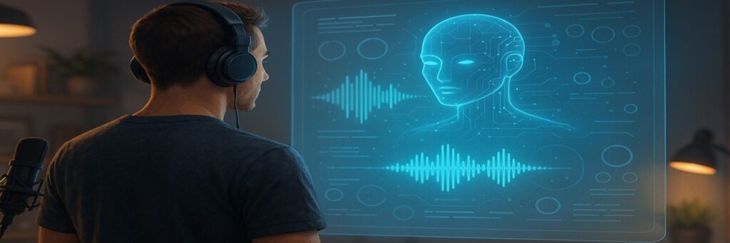 Illustration of a professional voice actor facing a holographic AI interface that visualizes sound waves and speech synthesis technology.