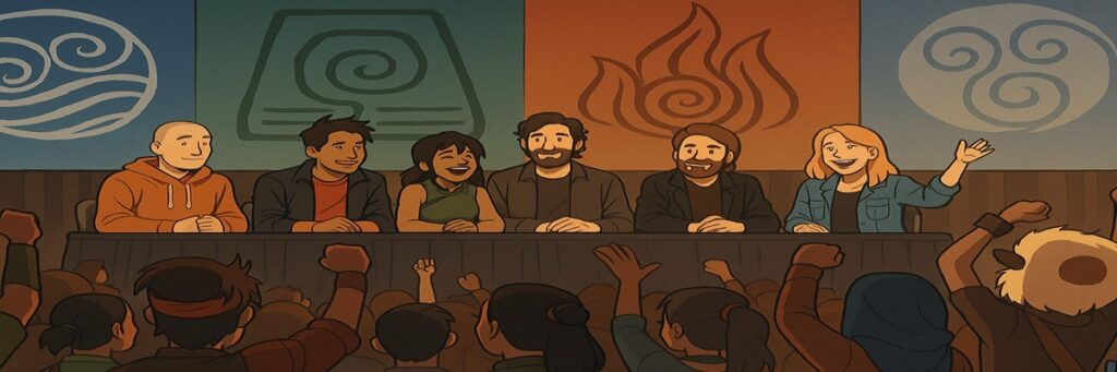 Illustration of the Avatar: The Last Airbender main cast on stage at a convention panel with cheering fans, highlighting a 20th anniversary celebration.