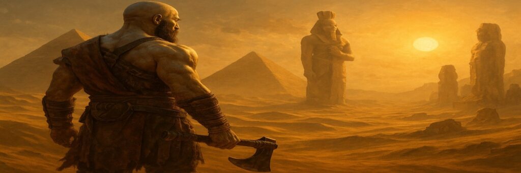 A powerful illustration of Kratos standing in an ancient Egyptian desert surrounded by pyramids and statues of gods, the golden sun casting dramatic shadows over the sands.