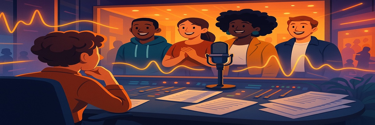 An illustrated casting director in a studio with diverse voice actors preparing to perform, glowing waveforms, and scattered scripts.
