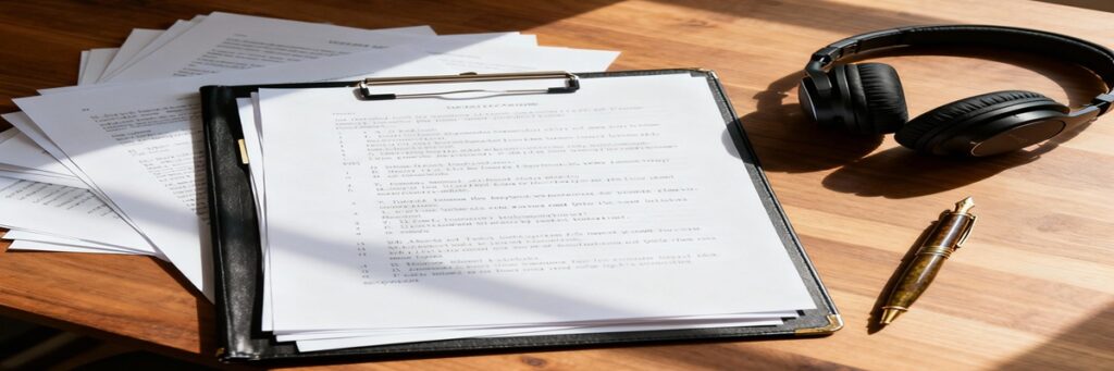 Person recording voice-over in a creative home studio environment