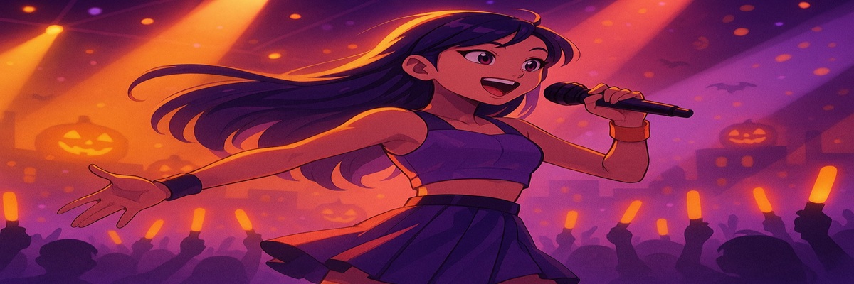 An animated-style illustration of a Halloween concert scene featuring glowing stage lights, a K-pop-inspired singer performing with a microphone, and vibrant festive colors.