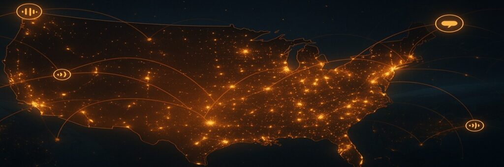 Professional home recording booth setup with a microphone, pop filter, and acoustic panels, symbolizing the shift toward remote and hybrid voiceover work.