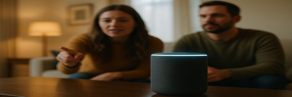 A futuristic illustration of a glowing smart speaker emitting light waves shaped like a human silhouette, symbolizing the blend of technology and the human voice.