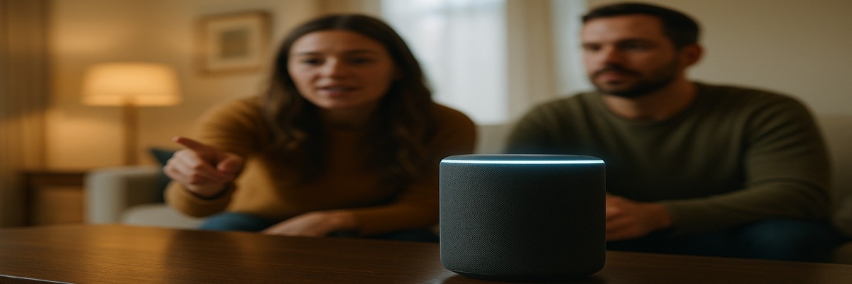 A futuristic illustration of a glowing smart speaker emitting light waves shaped like a human silhouette, symbolizing the blend of technology and the human voice.