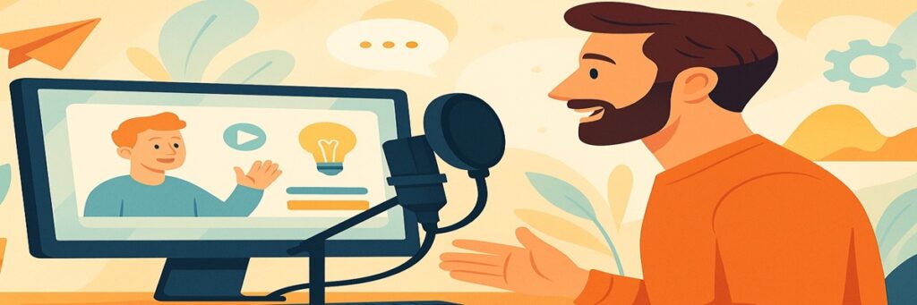 An illustrator showing a voice actor recording narration while animated explainer visuals play on a monitor.