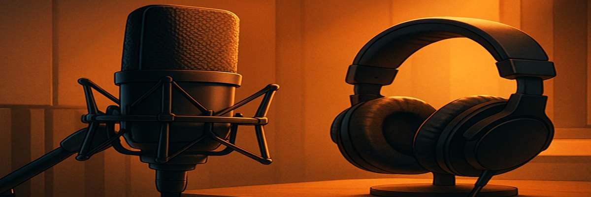 Modern recording booth with a professional microphone and headphones, softly lit to convey growth and activity in the UK voiceover industry.
