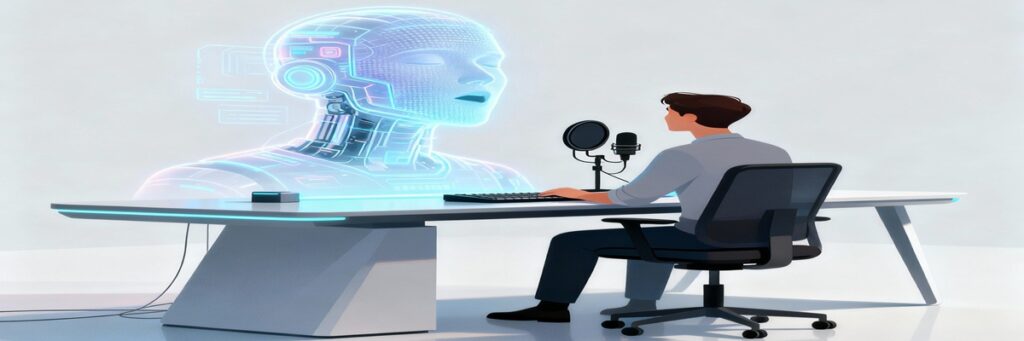 Illustration of a voice actor collaborating with a futuristic AI system that projects a digital vocal interface in a creative workspace.