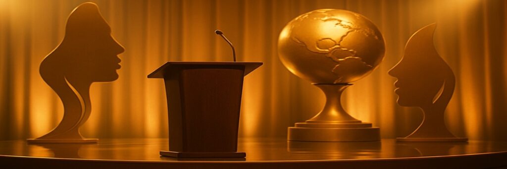 Elegant award-stage lighting with a microphone silhouette and soft gold highlights symbolizing the Voice Arts Awards ceremony.