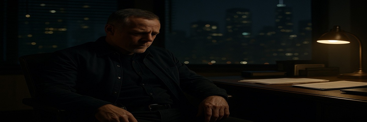A cinematic image of a police detective sitting alone in a dimly lit office, reflecting as his voice plays over the city skyline at night.