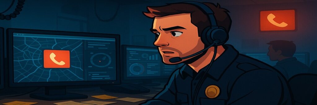 A tense scene inspired by Dispatch showing an emergency dispatcher at a dim workstation with glowing screens and a phone call unfolding in a dramatic atmosphere.