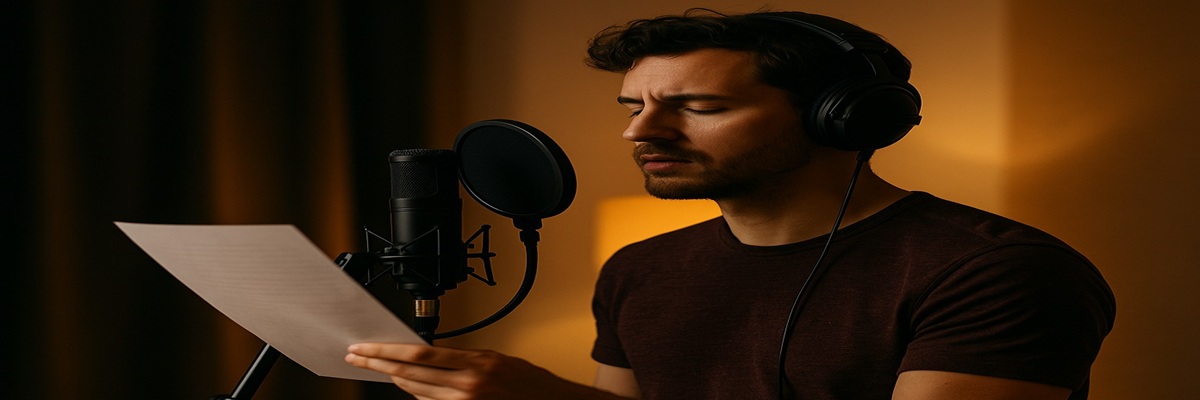 Voice actor performing in a softly lit recording booth, focused on the script with warm studio lighting symbolizing creativity and purpose.